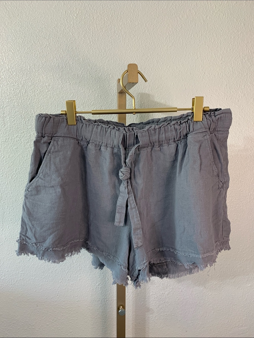 Rewash Gray High-Waist Linen blend Drawstring Fringe Hem Shorts- XL